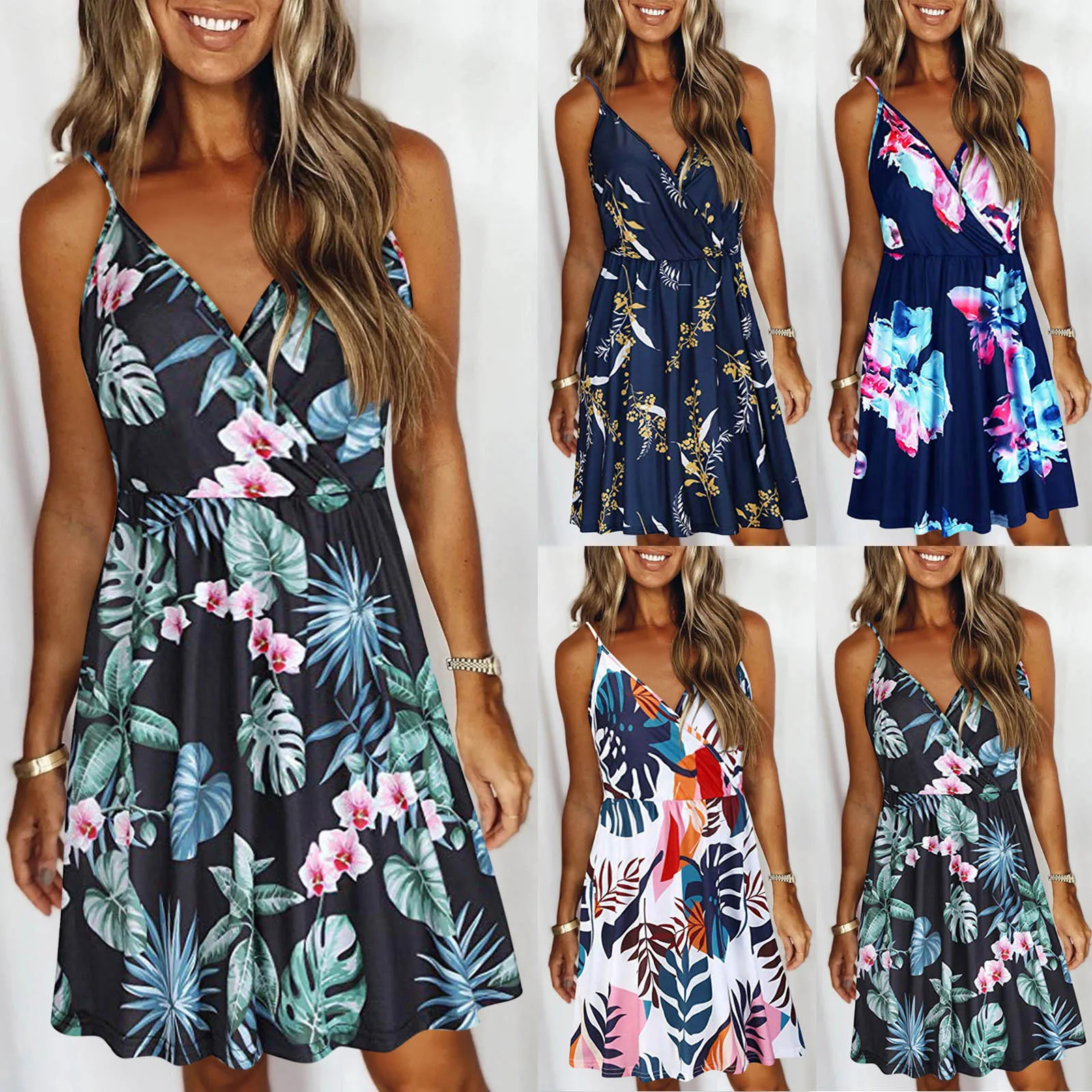 

Women Summer Dress Casual V-neck Strap Casual Printing Swing Dress With Pockets Party Dresses Fashion Boho Летнее платье 2021