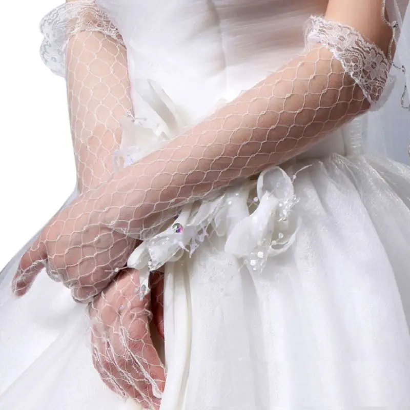 

Womens White Stretchy Elbow Length Bridal Wedding Long Gloves Full Finger Rhombic Mesh Floral Lace Trim See Through Prom Party