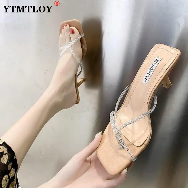 

Шлепанцы женские на каблуке, мягкие сандалии, роскошные шлепанцы, резина, плоская подошва, высокий тонкий каблук, пикантные, черные, лето