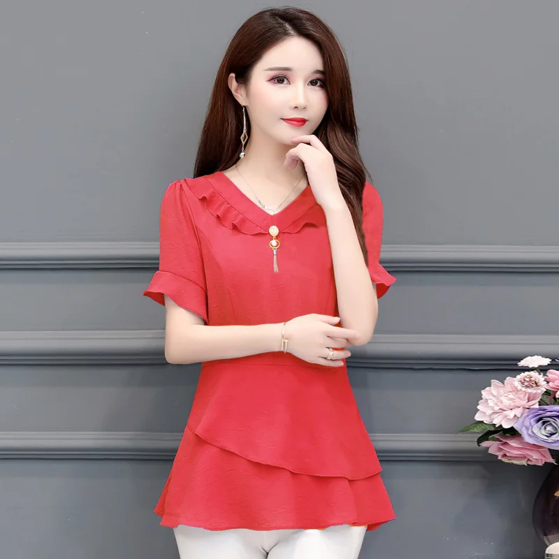 Шифоновая рубашка Блузки Женская туника-Пеплум Топ летний короткий рукав синий