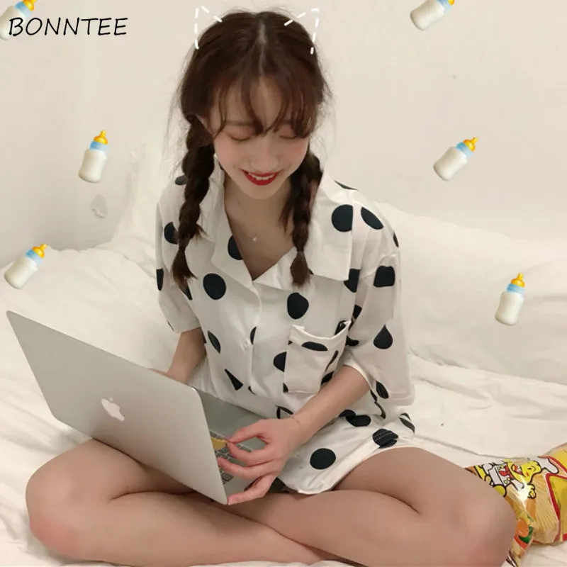 

Women Pajama Sets Polka Dot Summer Short Sleeve Turn Down Collar Pocket Korean Style Ins Girls Cute Sleepwear Home Clothing New