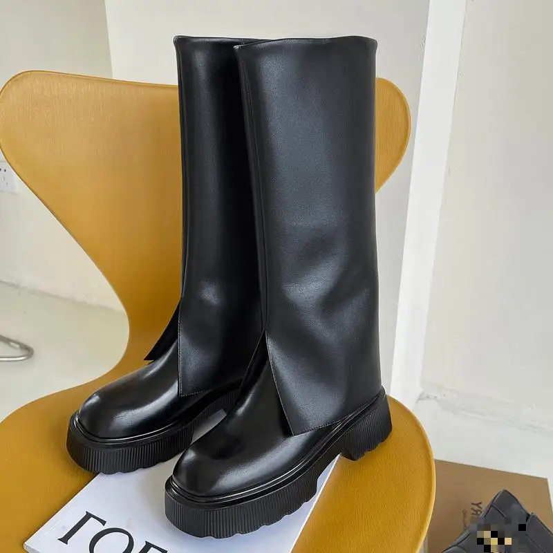 

Thick-soled Mid-tube Knight Boots Women's Shoes 2021 Winte Knee High Boots Genuine Leather Thin Skinny Boot Botas Femininas