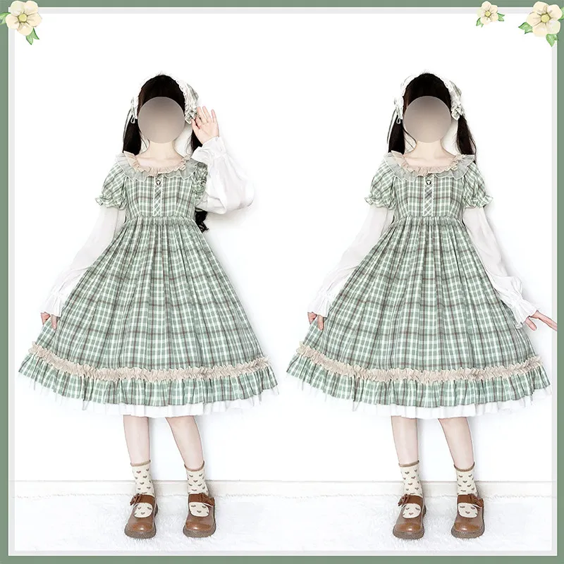 

Kawaii clothing lolita dress ruffled plaid kawaii dress short/long sleeve gothic lolita op high waist victorian dress loli cos