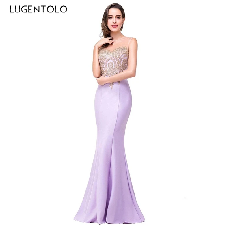 

Lugentolo Party Women Elegant Dress Applique Sexy Back Cutout Perspective Slim-fit Fishtail Dress Lady Sleeveless Dinner Dresses