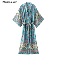 2021 boho location blue floral print long kimono shirt hippie women bandage tide bow sashes cardigan loose blouse tops holiday
