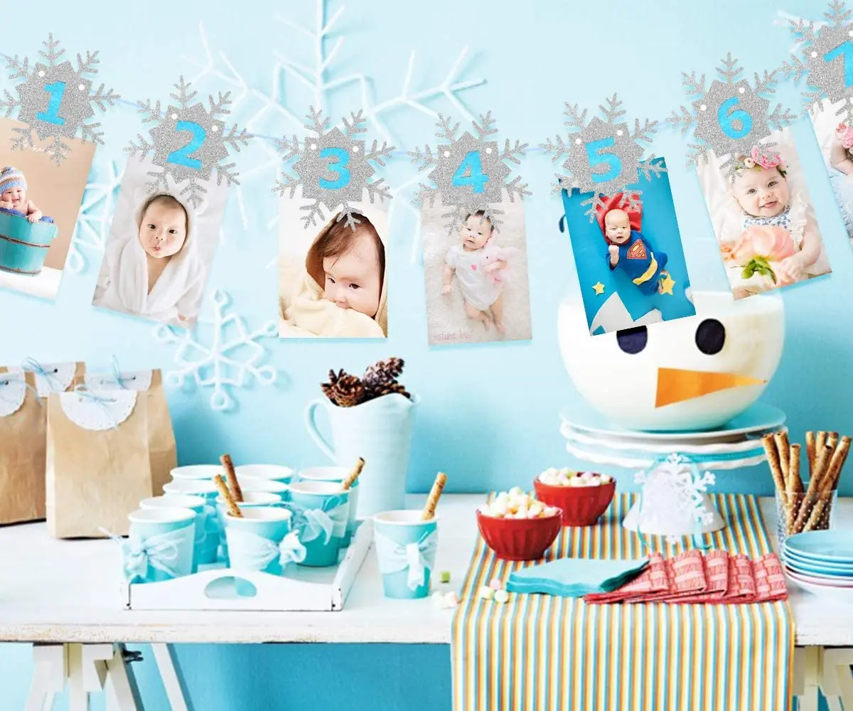 Decoraciones de fiesta de cumplea&ntilde;os para ni&ntilde;a, primer cumplea&ntilde;os, globos de invierno, cartel de foto de copo de nieve para suministros de primer cumplea&ntilde;os-3