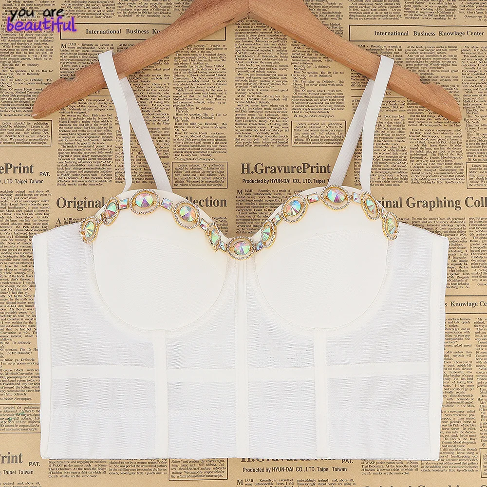 

Rhinestone Sexy Short Camis Slim Corset Summer Women Crop Top To Wear Out Bra 2021 Nightclub Straps Top Vintage Clothes Bustier