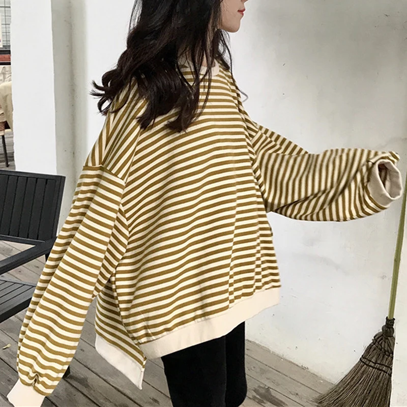 

Autumn Stripe Sweatshirt Women Loose Pullover Streetwear Long Sleeve Round Neck Tops Fashion Female Sweatshirts Loose Pullover