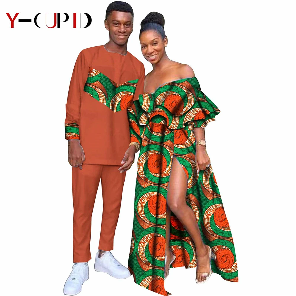 African Clothes for Couples Bazin Riche Sexy Women Vestidos Ankara Print Ruffle Dresses Men Patchwork Tee and Pants Sets S20C004