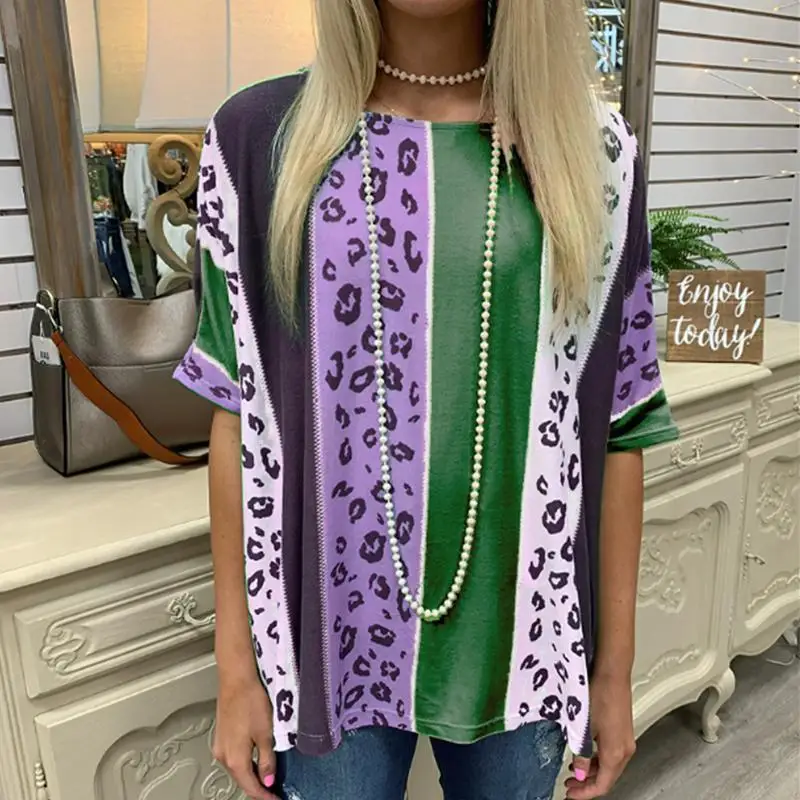

2021 Women's Casual T-Shirt Summer Sexy Leopard Print Short Sleeves Tops Women Stitching Lady T-Shirt Oversize O-Neck Pullover
