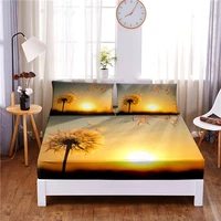 sunset and dusk digital printed 3pc polyester fitted sheet mattress cover four corners with elastic band bed sheet pillowcases