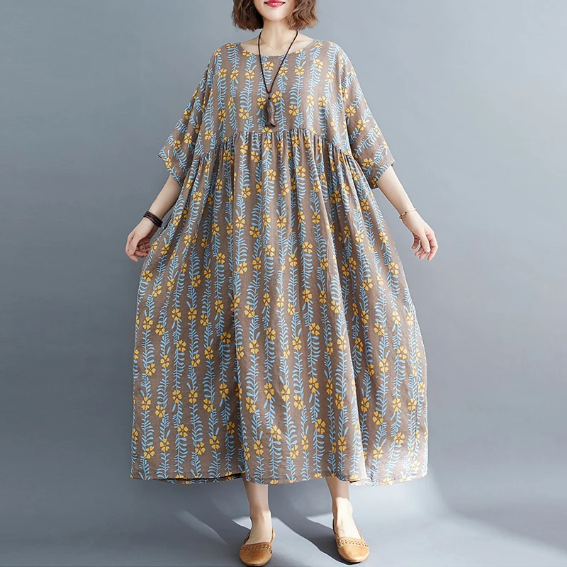 

Plus Size Women'S Dresss Oversize 4XL 5XL 6XL Short Sleeve Retro Print Loose Big Swing Dress Women Robe Cotton Women'S Clothing