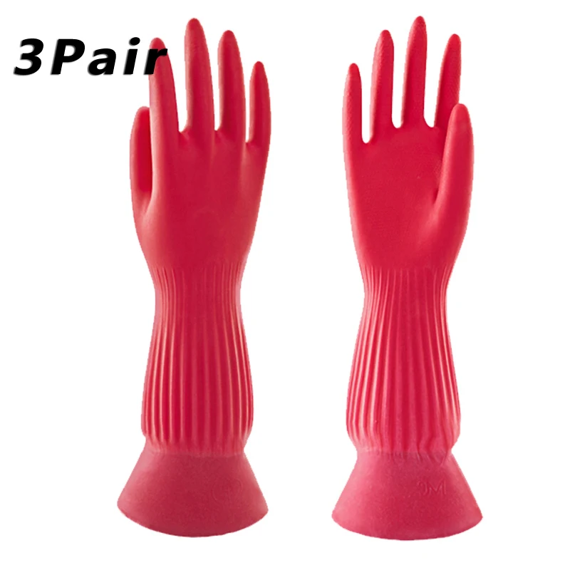 

3Pairs Cleaning Dishwashing Gloves Latex Kitchen Gloves Household Reusable Waterproof Long Sleeve Non-Slip Work Gloves