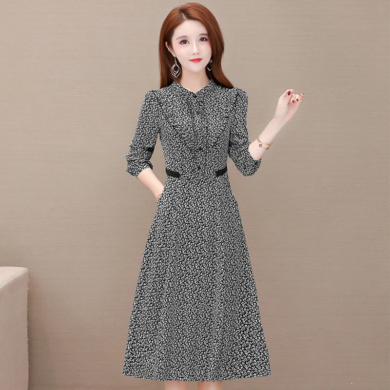 

Elegant Floral Print Short Long Sleeve Spring Dress Casual O Neck Chiffon A Line Women Summer Dress Vintage Party Midi Vestidos