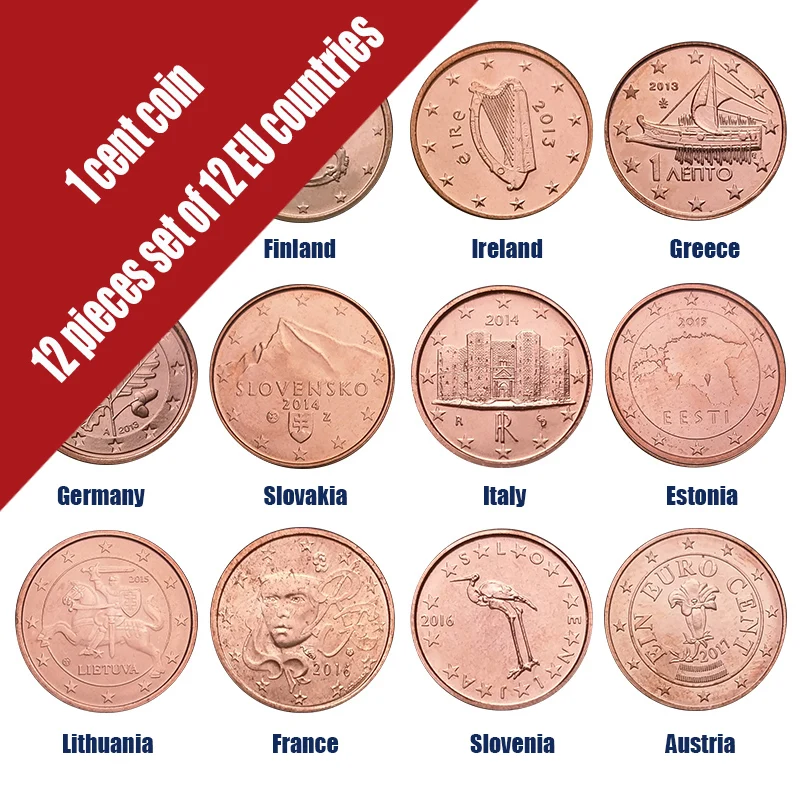 1 процентная монета 12 штук в комплекте из разных стран ЕС Европейский стиль