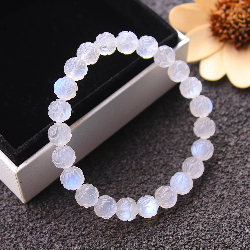 Natural Moonstone Blue Light Crystal Bracelet Clear Round Lotus Carved Beads 8mm 9mm Women Men Healing Moonstone Stone AAAAA