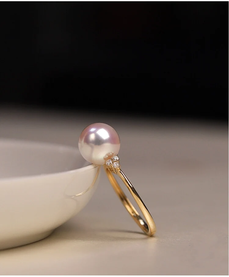 18K import Solid Yellow Gold Jewelry(AU750) Women  Single Grain Akoya Peas Weaving Diamond  ring  Natural Seawater Pearl  Lady