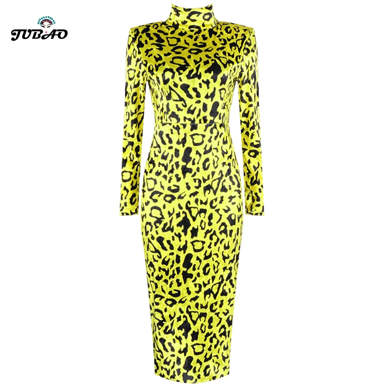 Leopard midi dress velvet long sleeve yellow turtleneck bodycon going out dinner for women office sexy elegant party club | Женская