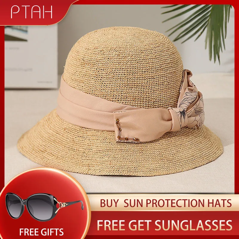 

[PTAH]Fashion Raffia Hat Women UPF 50+ Wide Brim Roll-up Straw Foldable Beach Hat Breathable Sun Protection Visors Straw Weaving
