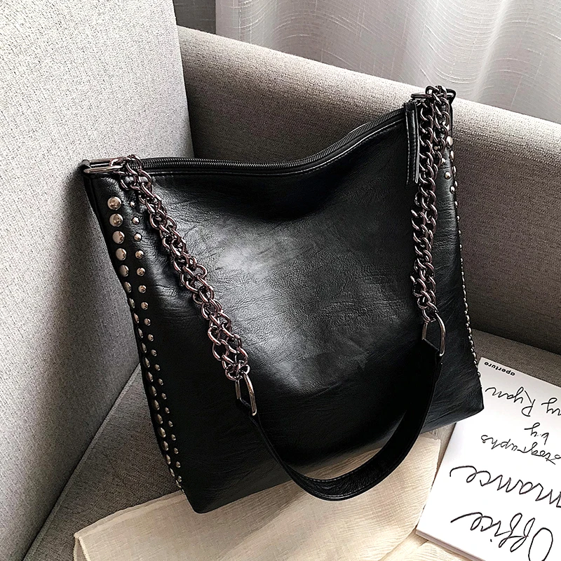 Большие черные женские кожаные сумки Классическая Наплечная Сумка с заклепками