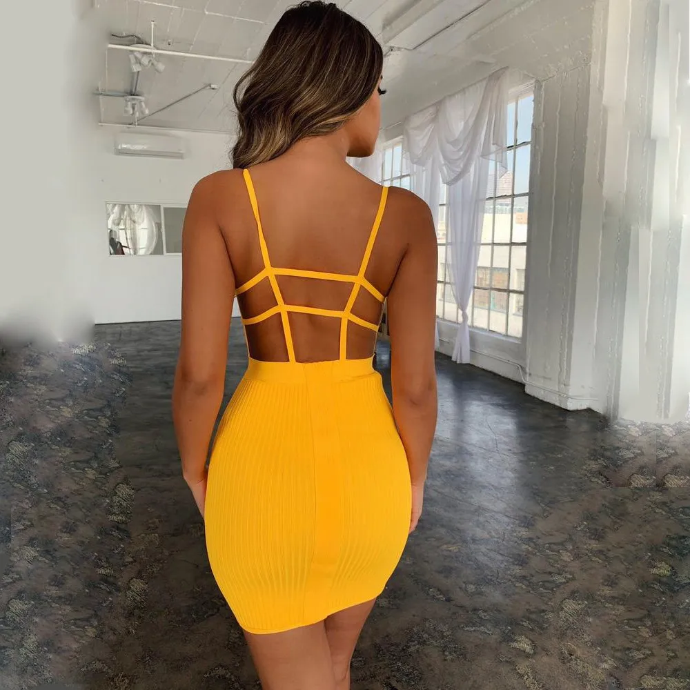 

Ladies Sexy Suspender Hollow Bandage Waist Dress Dinner Party Striped Knitted Square Collar Sleeveless Mini Skirt Stitching