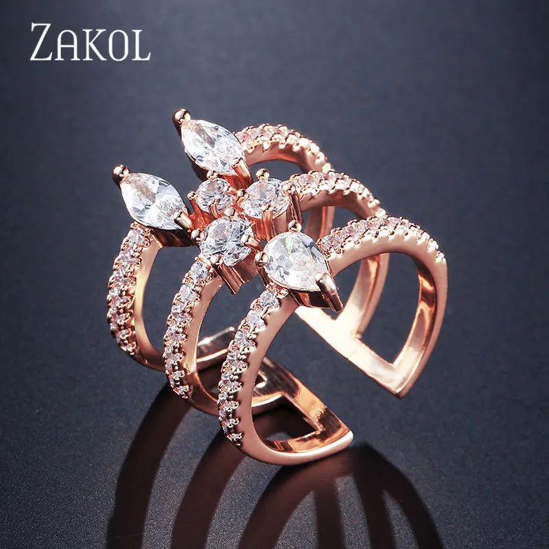 ZAKOL Новое модное кольцо белого цвета с фианитом ААА Открытое широкие Полые