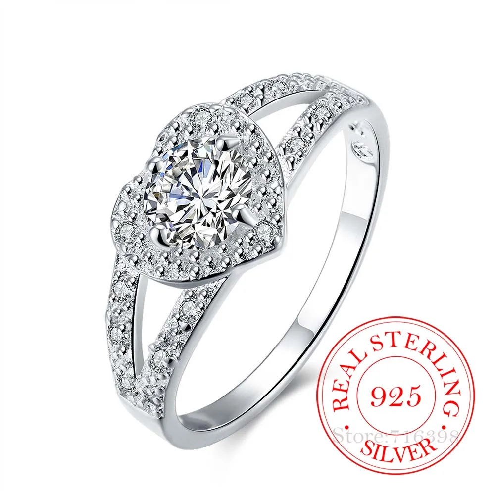 925 Sterling Silver Jewelry Vintage AAA+ Crystal Love Heart Couple's Wedding Silver Rings for Women Fashion Anel De Prata Bijoux