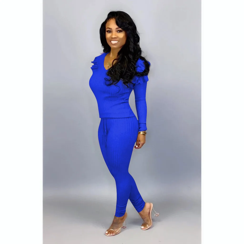 QILI Plus Size Two Piece Set Jumpsuits Womens Stretch Twill Ruffles Long Sleeve 2 Piece Outfits Casual Jumpsuits Autumn Jumpsuit