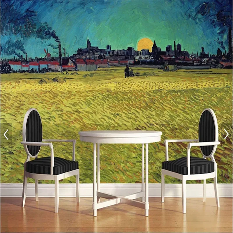 Фото обои 3d Ван Гог Картина маслом работы Золотое пшеничное поле гостиная