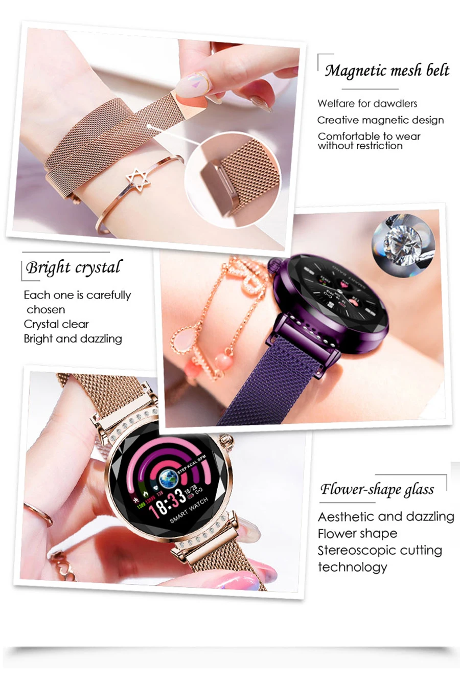 2020 новые модные умные часы для женщин 3D бриллиантовое стекло пульсометр кровяное