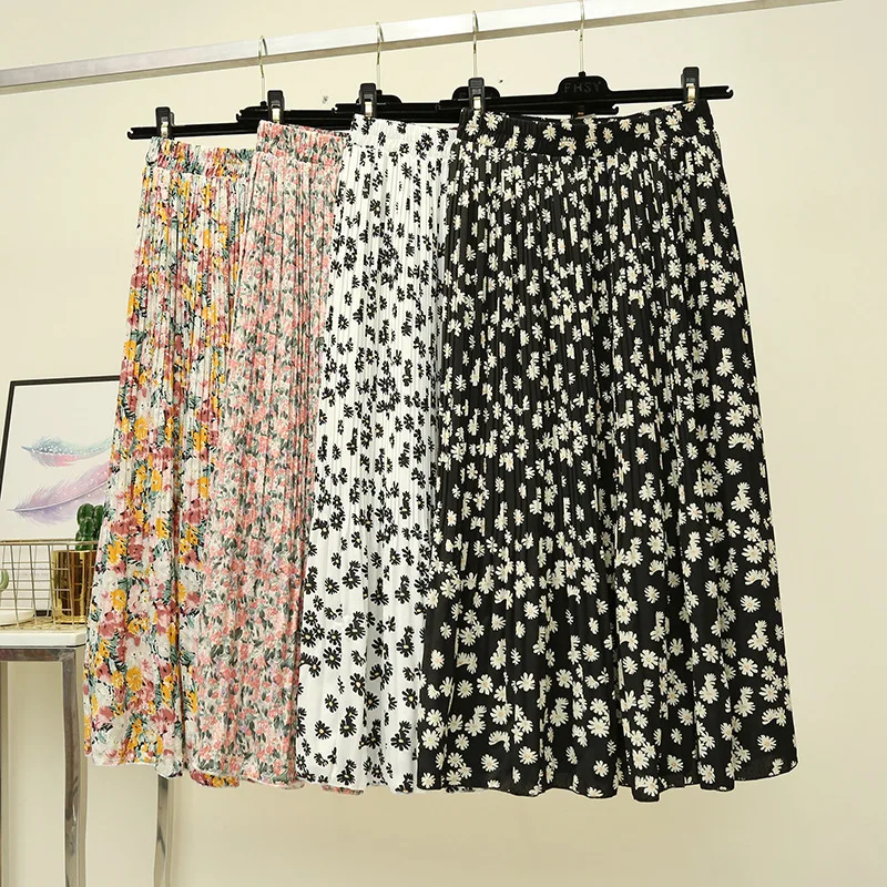 

2021 Summer Vintage Floral Print Ruffle Pleated Long Skirts Women Korean Skirt Streetwear Drawstring Elastic Waist Midi Skirt