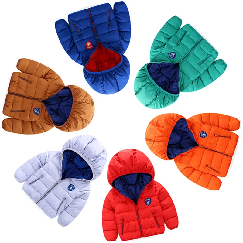 Зимний пуховик с капюшоном для мальчиков и девочек яркая расцветка детская