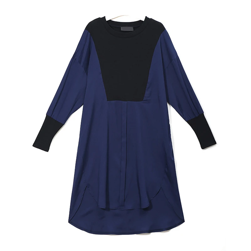 

CHICEVER Patchwork Hit Color Dresses Female O Neck Long Sleeve Loose Oversize Midi Asymmetric Women's Dress 2020 Fashion Clothes