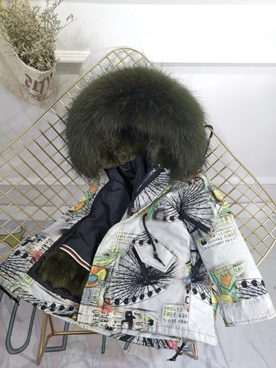 Grey Dark Green Парка с натуральным мехом для мальчиков и девочек зимняя теплая куртка с граффити детская одежда пальто с капюшоном из натурального меха енота подкладка из натурального кроличьего меха TZ373 - Цвет: Grey Dark Green