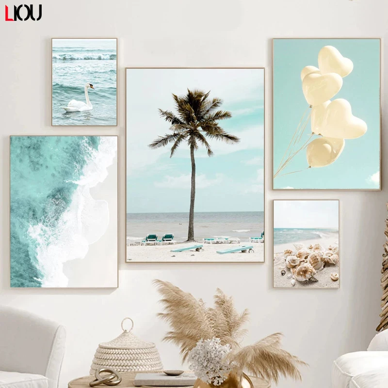 Starfish Shell Beach Car Sailboat Coconut Tree Nordic Posters And Prints Art Canvas Painting Wall Pictures For Living Room Decor | Дом и сад