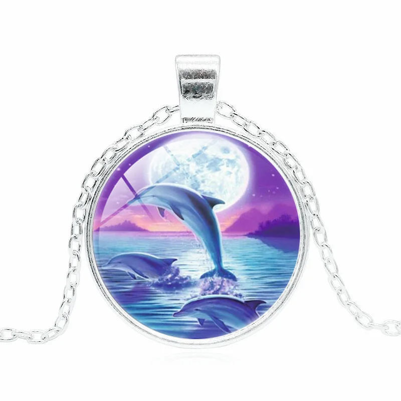 Дельфины прыжки в Луне кабошон с фото стеклянный кулон ожерелье для женщин Мода