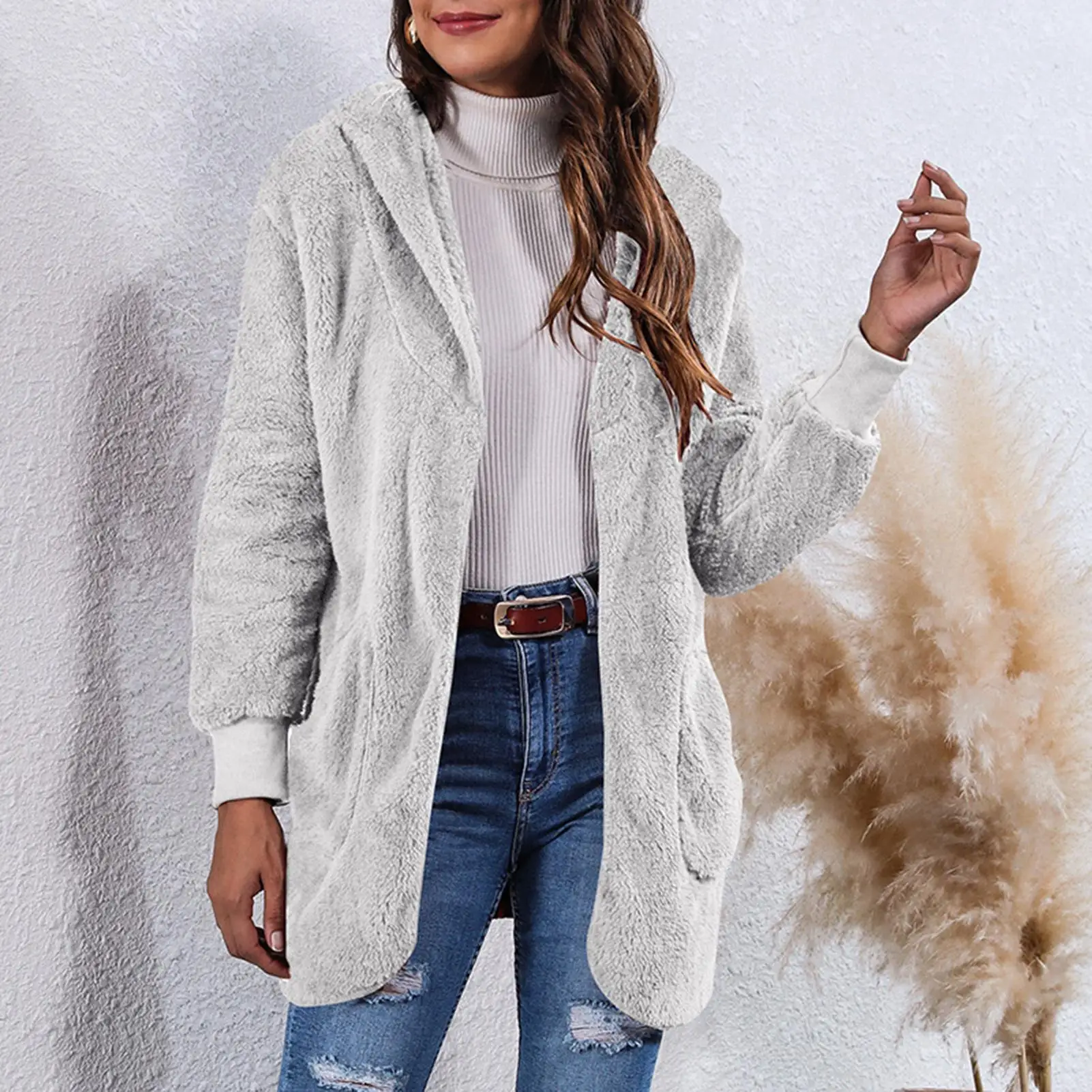 

Women Long Sleeve Reversible Coat Plush Warm Open Front Autumn Winter Outerwear