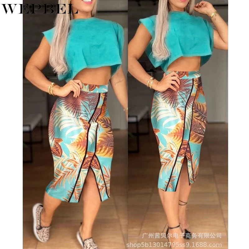 

WEPBEL Women's Sexy Slim Fit Printing Suit Summer Fashion Sleeveless O-Neck T-shirt + High Waist Stitching Split Skirt Suit