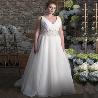 plus size boho wedding dress v neck crystal pearls a line tulle bridal gown beach sleeveless custom made robe de mari%c3%a9e