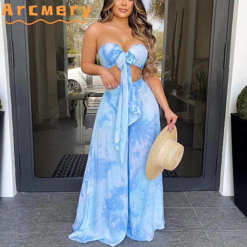 

2 Pieces Sets Women Strapless Tie Dye Printed Top & Wide Leg Pants