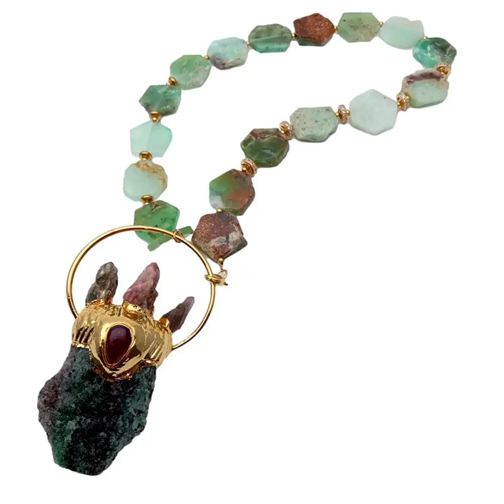 

Y · YING Натуральная Зеленая хризопраза шестиугольная форма ожерелье изумрудная грубая подвеска 17 дюймов