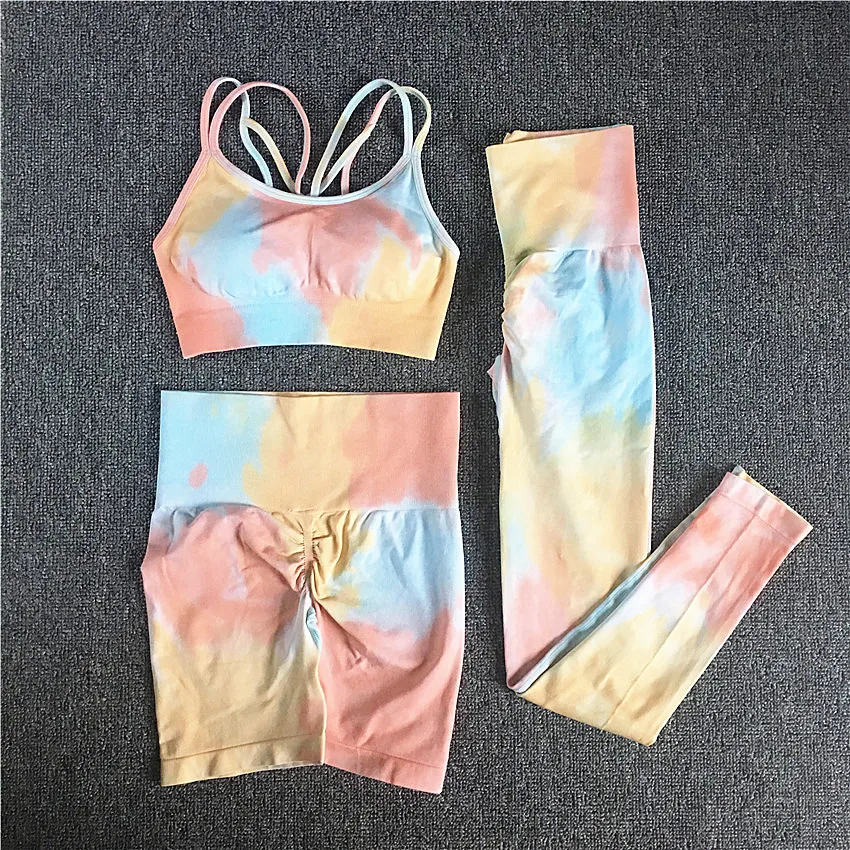 1/2/3Pcs Women Tie Dye Sportswear Yoga Set, Workout Leggings,Scrunch Leggings,Gym Shorts,Seamless Gym Sports Bra, Yoga Tracksuit