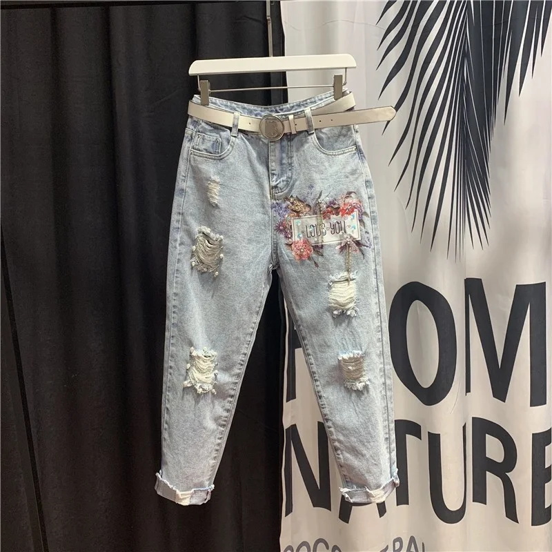 

High Waist Chain Diamonds Sequins Embroidered Flares Womens Denim Pants Fashon Hole Ripped Crimping Loose Ankle Length Trousers