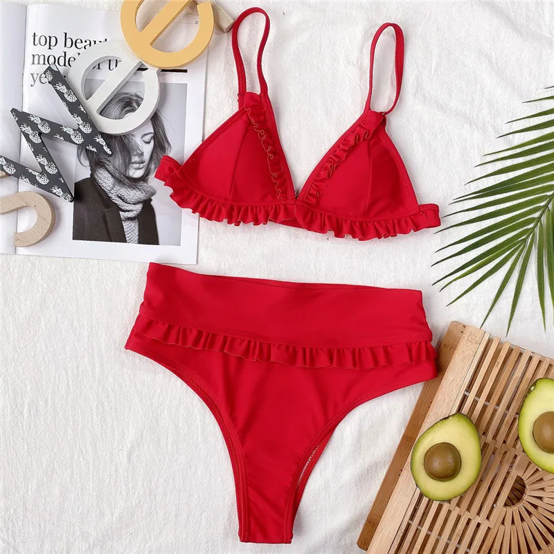 

Mossha Triangle micro bikinis 2021 mujer Ruffle high waist swimsuit Solid backless swimwear women Elegant bathing suit Beachwear