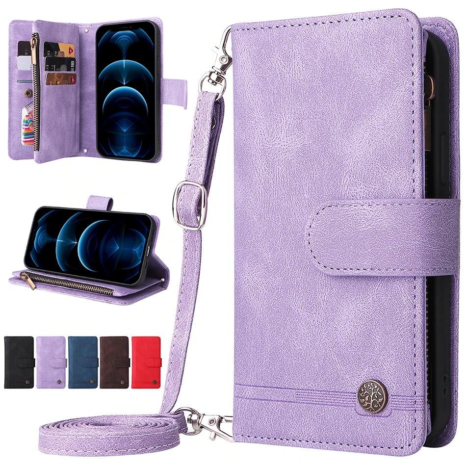 

Zipper Wallet Multi Card Slots Case For iPhone 13 mini 12 Pro Max 11 10 X XR XS Max 7 8 6 6S SE 2020 Retro Flip Cover With Strap