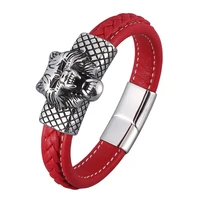 stainless steel wolf head leather braided bracelets men red rope hand chain wristband punk rock accessories male jewelry pd0880