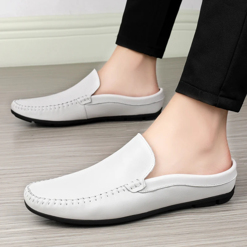 

Летние полуботинки для мужские повседневые фирменные кожаные туфли без задника мужские Пенни-Лоферы тапочки без шнуровки; Обувь без застеж...