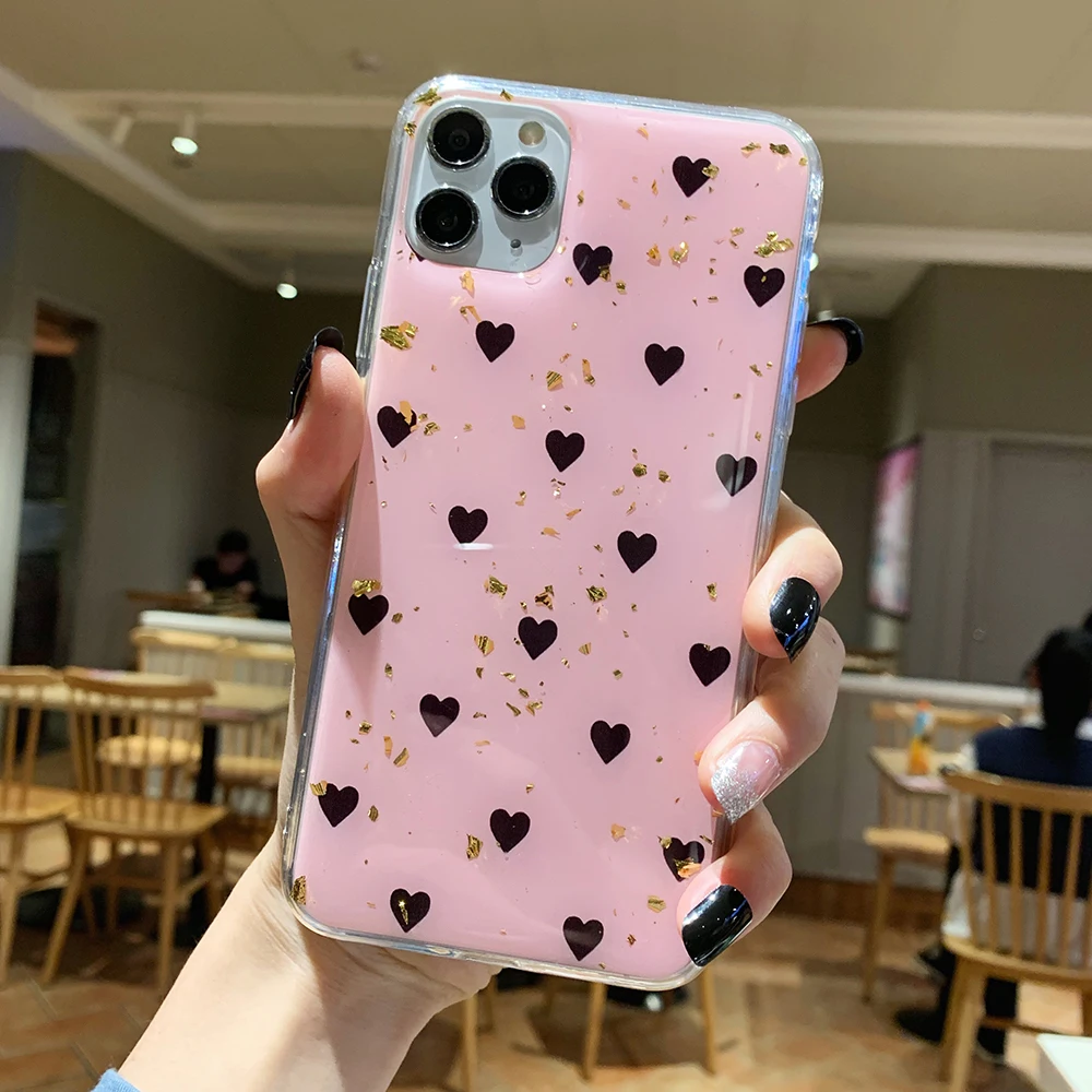 SUYACS Золотой фольгированный чехол для телефона с сердечком iPhone 11 Pro Max XS XR X 6 6S 7 8 Plus