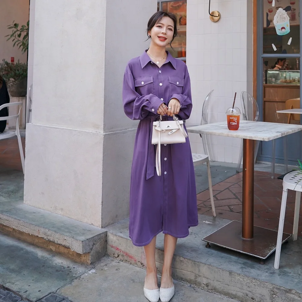 

Real shot autumn single-breasted high waist slimming shirt skirt 2020 new French retro purple waist dress women