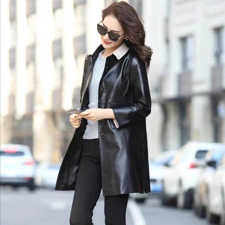 Повседневная кожаная одежда женское длинное пальто куртка из овечьей кожи с